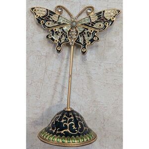 Enamel and Rhinestone Butterfly Earring Holder Green 6" Vintage